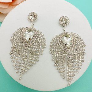 Silver Tone Elegant Leaf Crystal Embellished Earrings